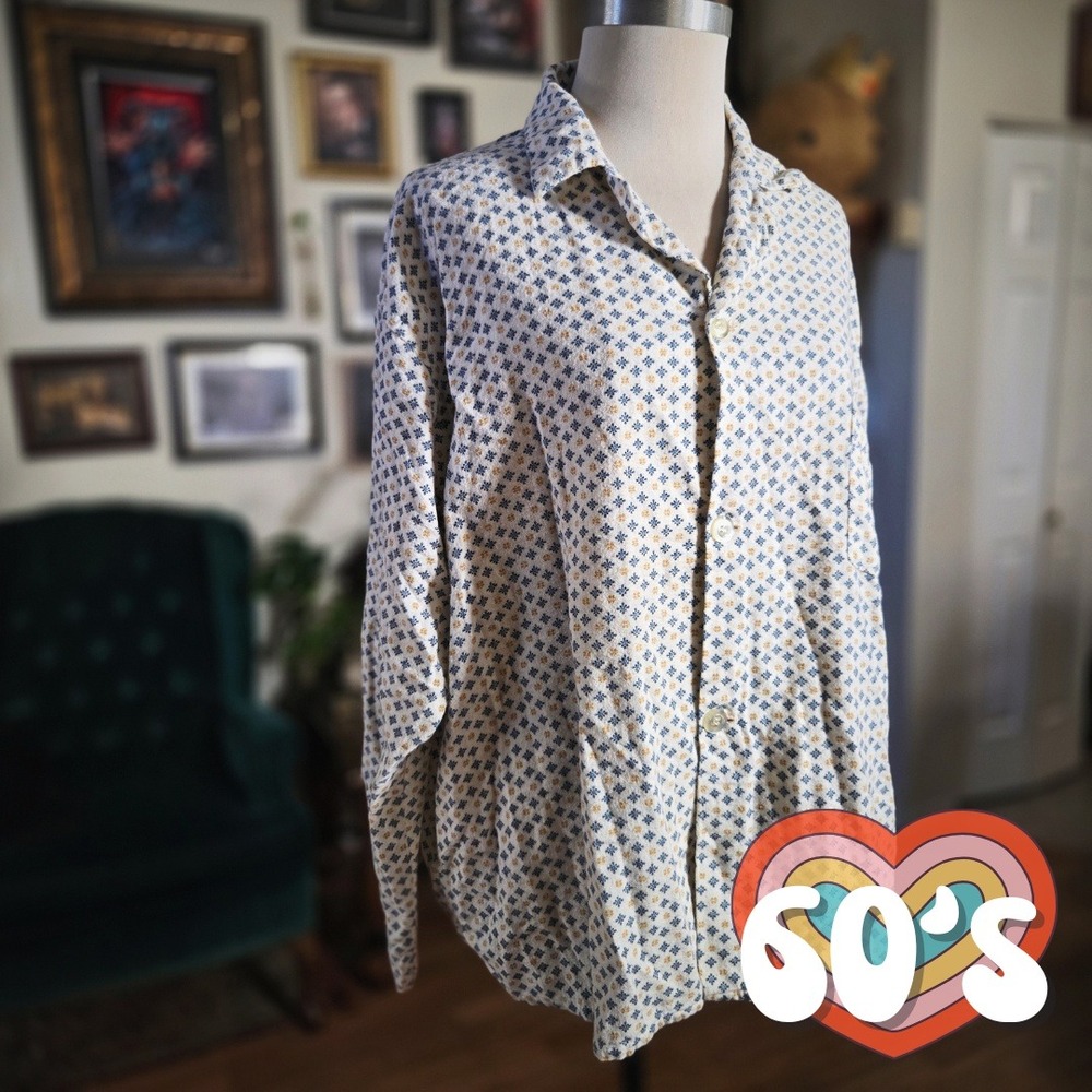 Vintage 60s Marlowe Mens Button Down Night Shirt PJ Evening Soft‎ Pajama Top XL